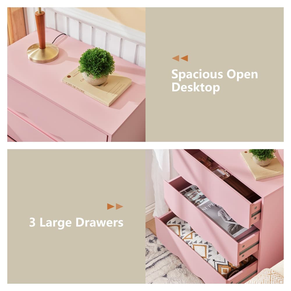 A pink nightstand or small dresser shown in a collage with text callouts. The top panel shows an open top desktop with a lamp and small plant, labeled 'Spacious Open Desktop.