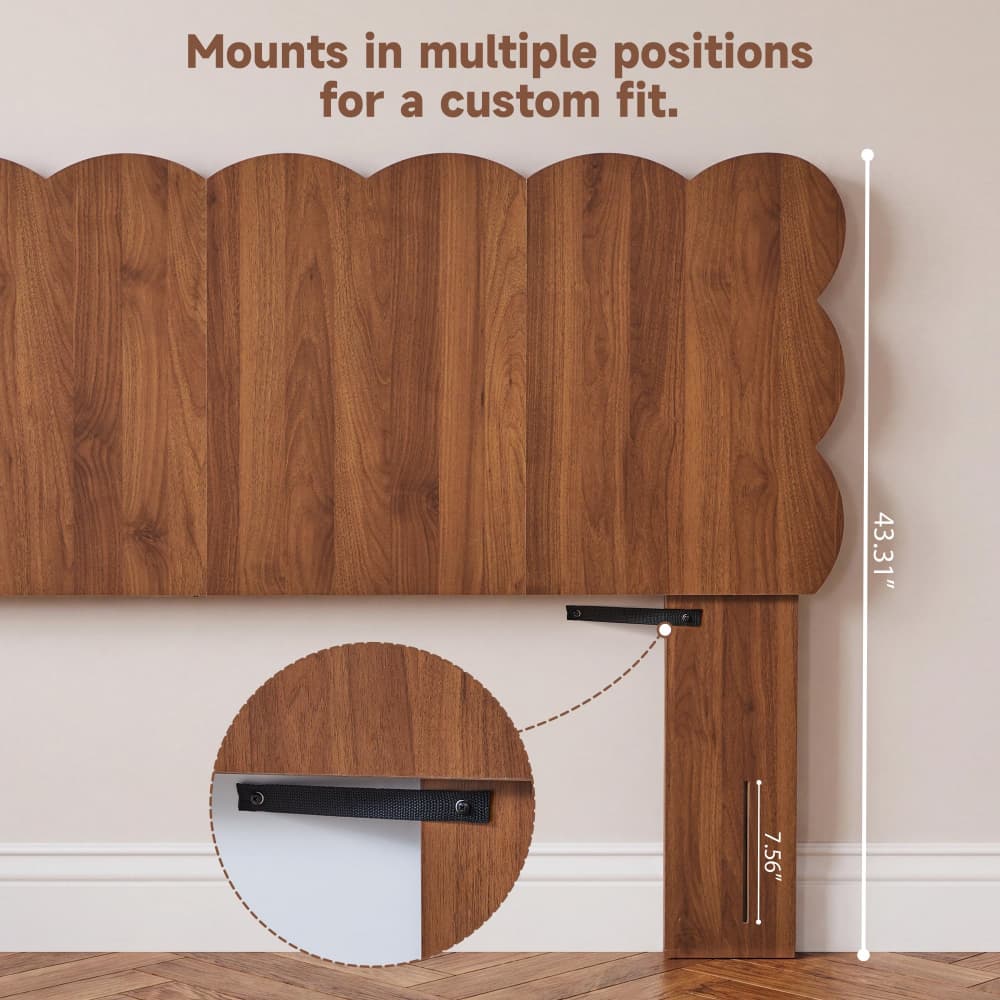 Queen Size Scalloped Headboard Freestanding & Wall Mount Walnut Wood Grain Bedroom Dorm Room Bed Frame