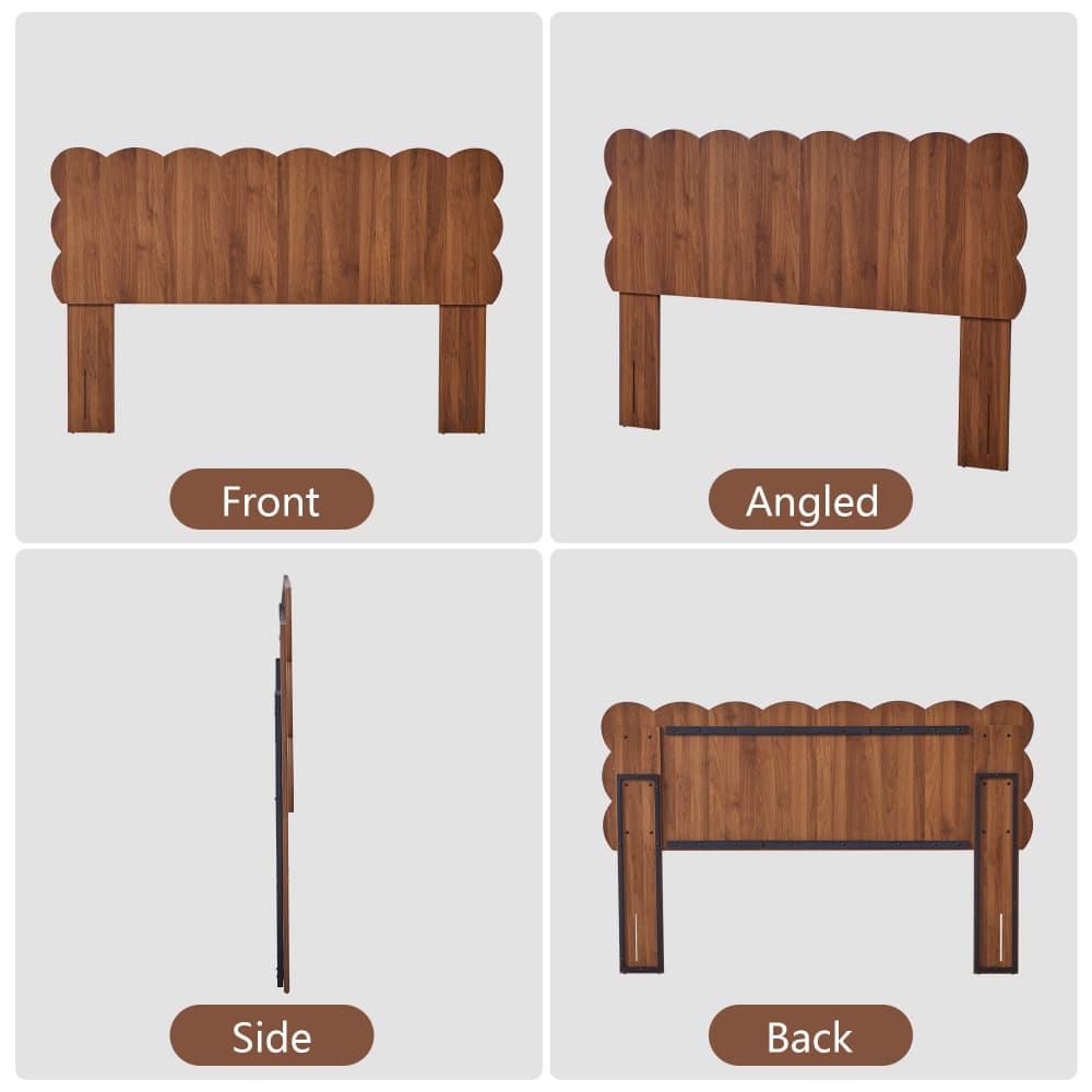 Queen Size Scalloped Headboard Freestanding & Wall Mount Walnut Wood Grain Bedroom Dorm Room Bed Frame