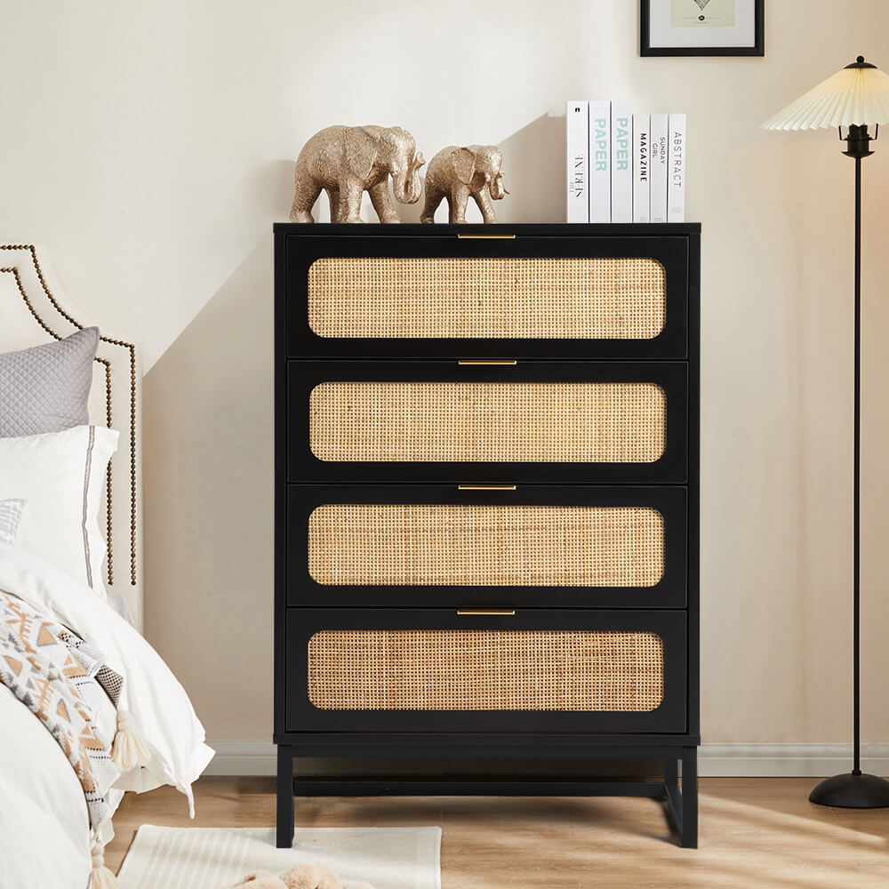 Rattan 4 Drawers Dresser Black Tall Chest of Drawers with Metal Legs