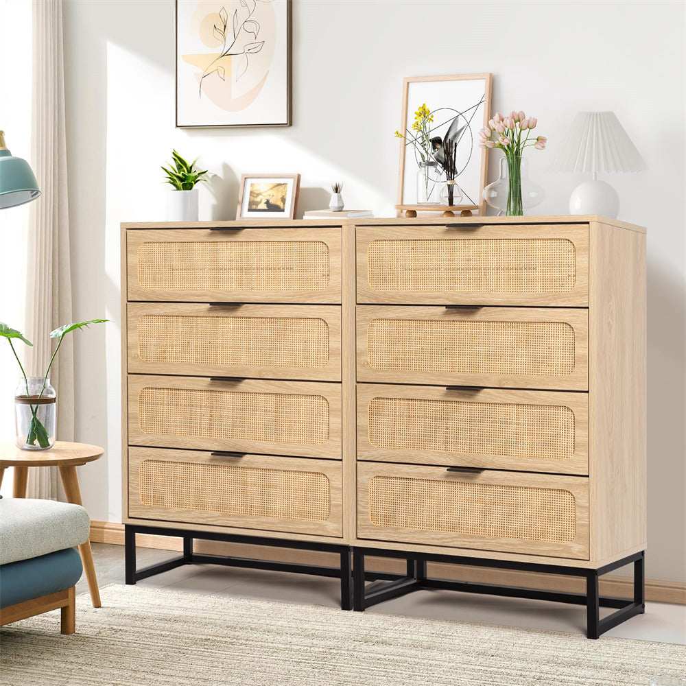 Rattan 4 Drawers Dresser Natural Tall Chest of Drawers with Metal Legs 