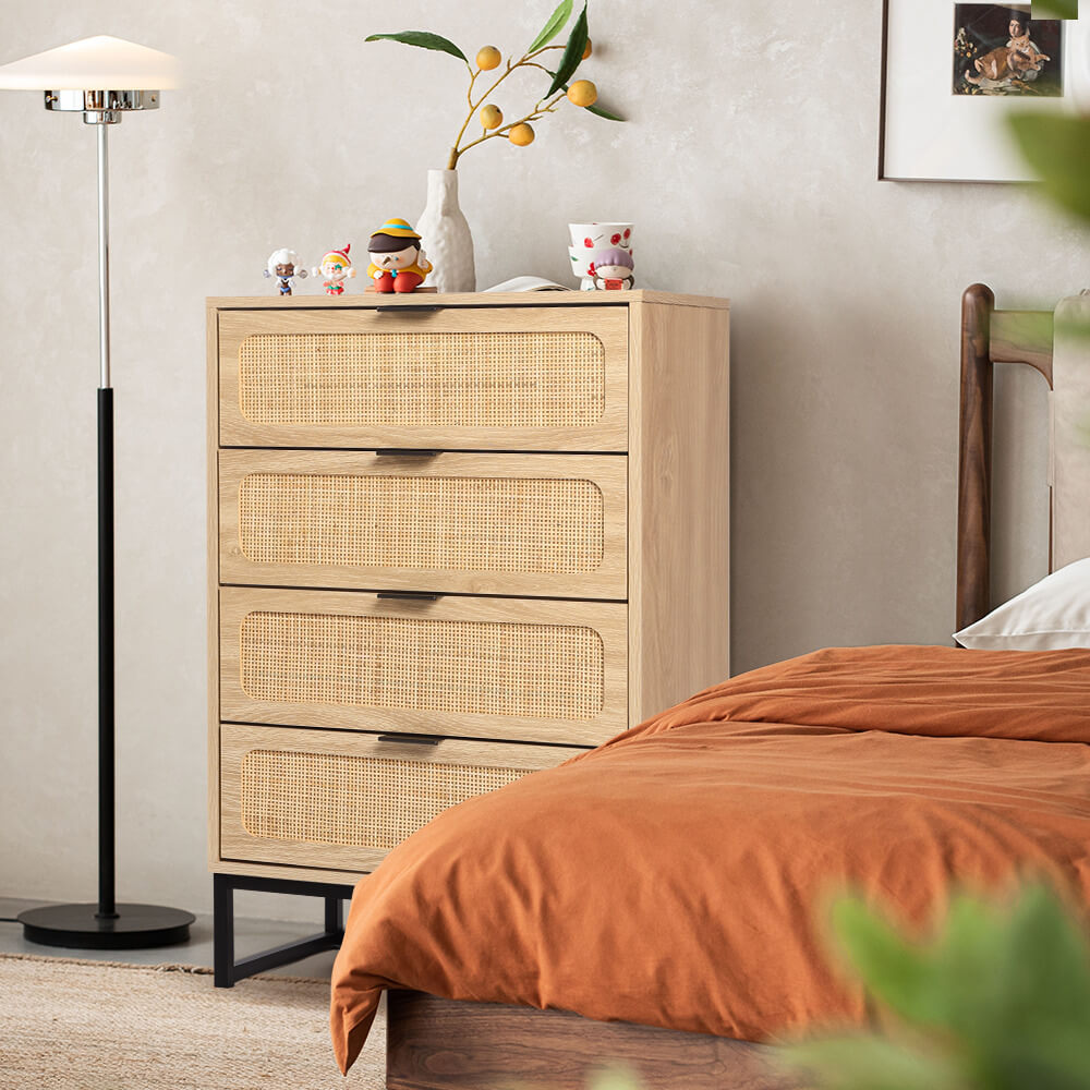 Rattan 4 Drawers Dresser Natural Tall Chest of Drawers with Metal Legs