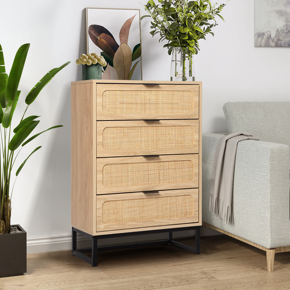 Rattan 4 Drawers Dresser Natural Tall Chest of Drawers with Metal Legs