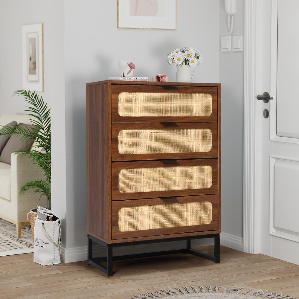 Rattan 4 Drawers Dresser Walnut Tall Chest of Drawers with Metal Legs