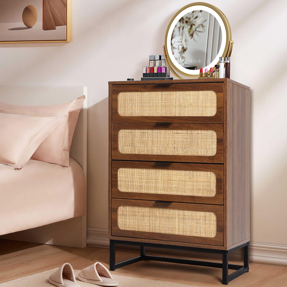Rattan 4 Drawers Dresser Walnut Tall Chest of Drawers with Metal Legs