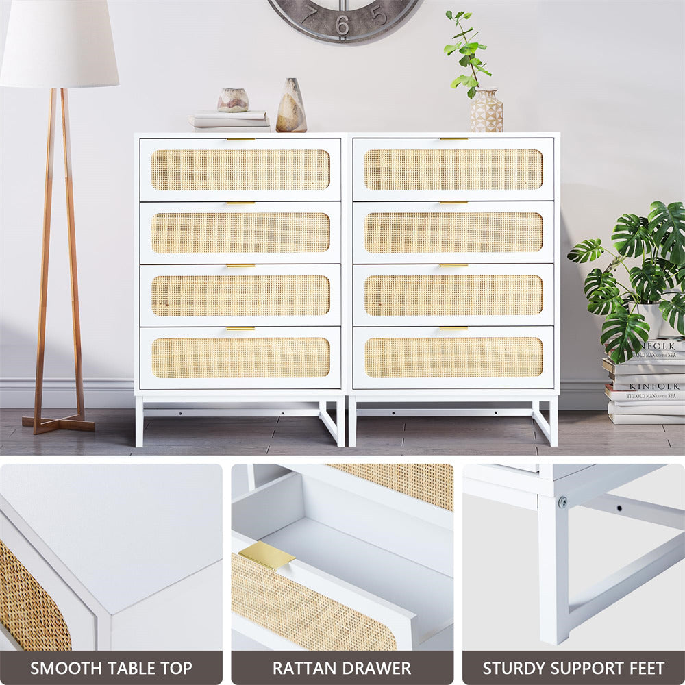 Rattan 4 Drawers Dresser White Tall Chest of Drawers with Metal Legs