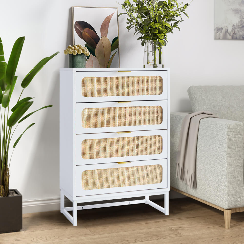 Rattan 4 Drawers Dresser White Tall Chest of Drawers with Metal Legs