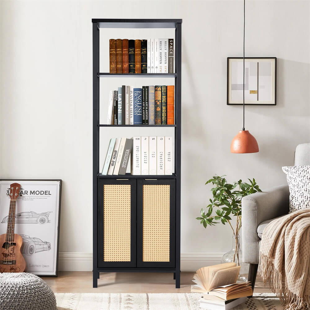 Rattan Bookshelf Tall Bookcase Storage with 3 Tier Open Shelve