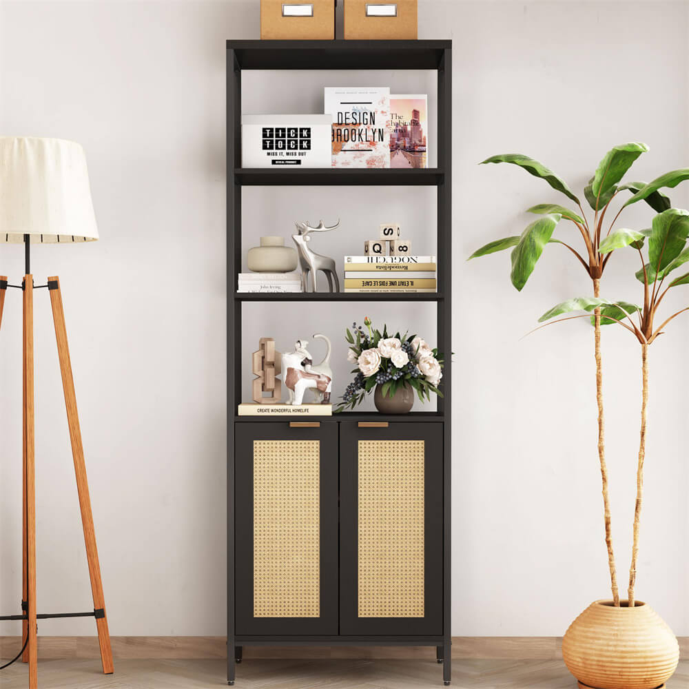 Rattan Bookshelf Tall Bookcase Storage with 3 Tier Open Shelve
