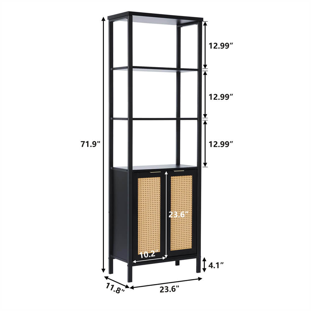 Rattan Bookshelf Tall Bookcase Storage with 3 Tier Open Shelve