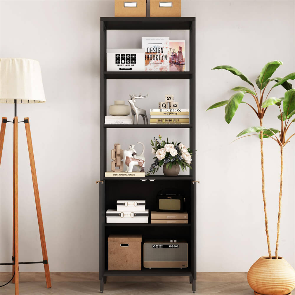 Rattan Bookshelf Tall Bookcase Storage Cabinet Black with 3 Tier Open Shelves Shelf