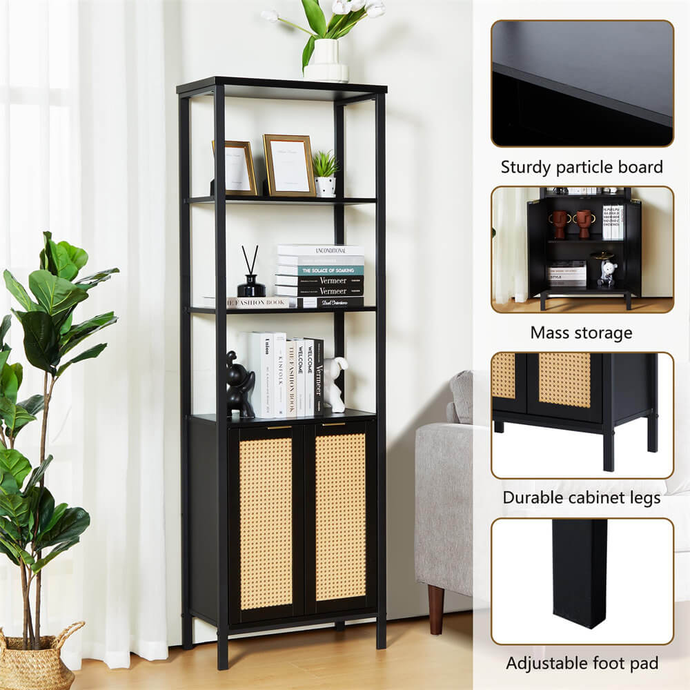 Rattan Bookshelf Tall Bookcase Storage with 3 Tier Open Shelve