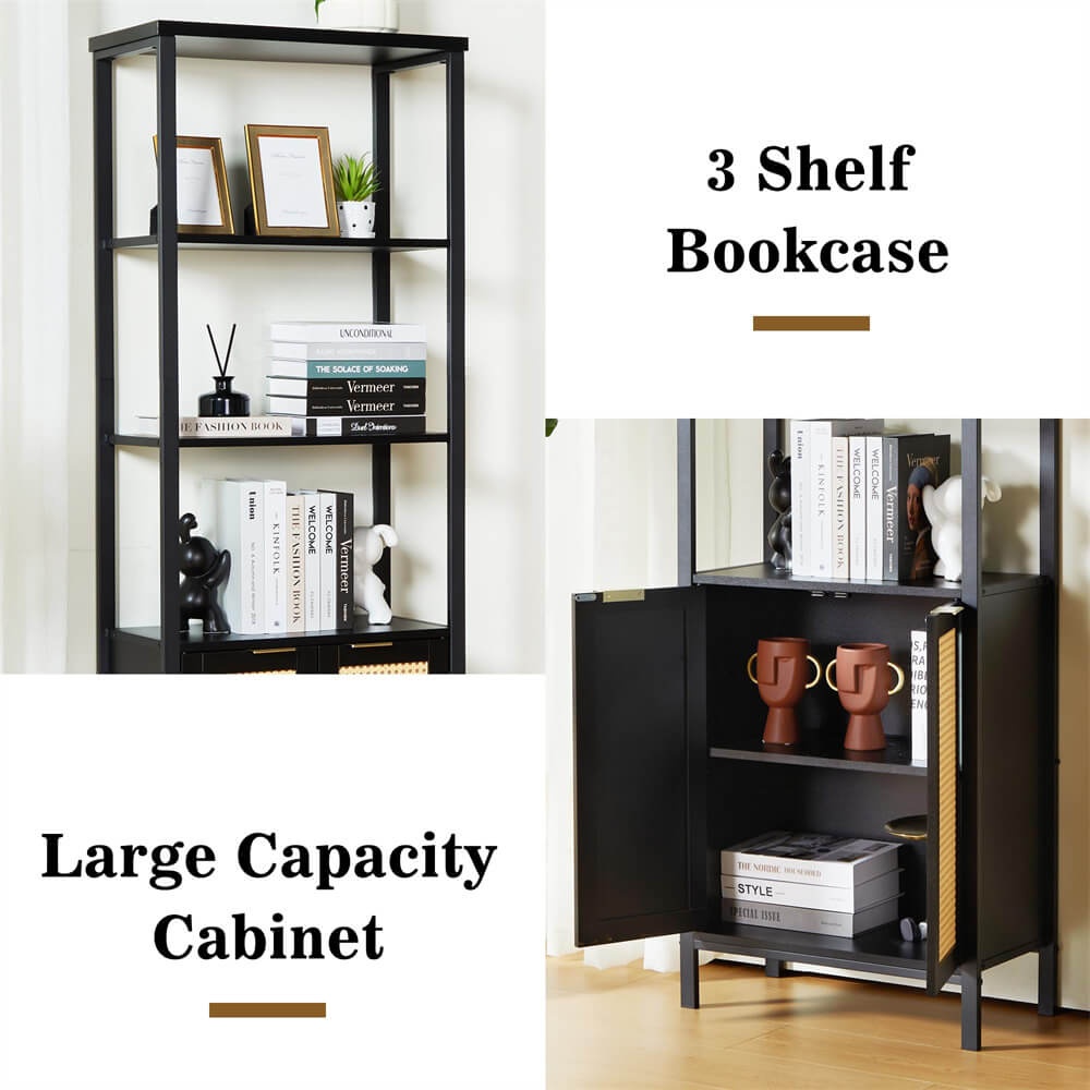 Rattan Bookshelf Tall Bookcase Storage with 3 Tier Open Shelve