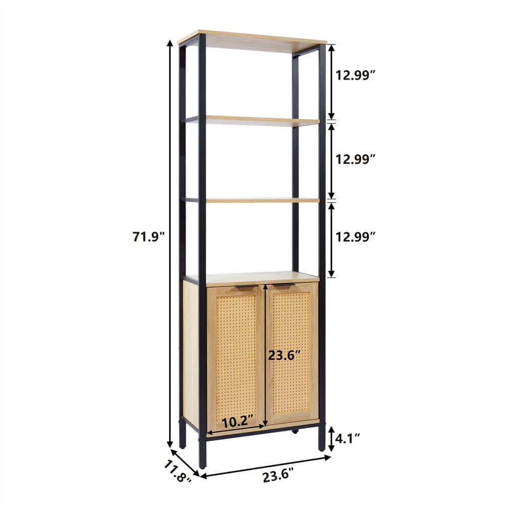 Rattan Bookshelf Tall Bookcase Storage with 3 Tier Open Shelve