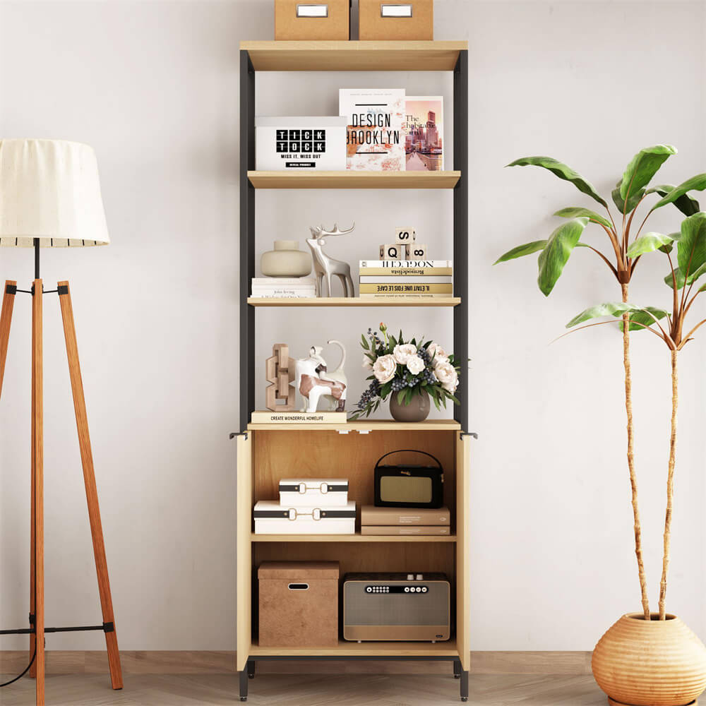 Rattan Bookshelf Tall Bookcase Storage Cabinet Natural with 3 Tier Open Shelves Shelf