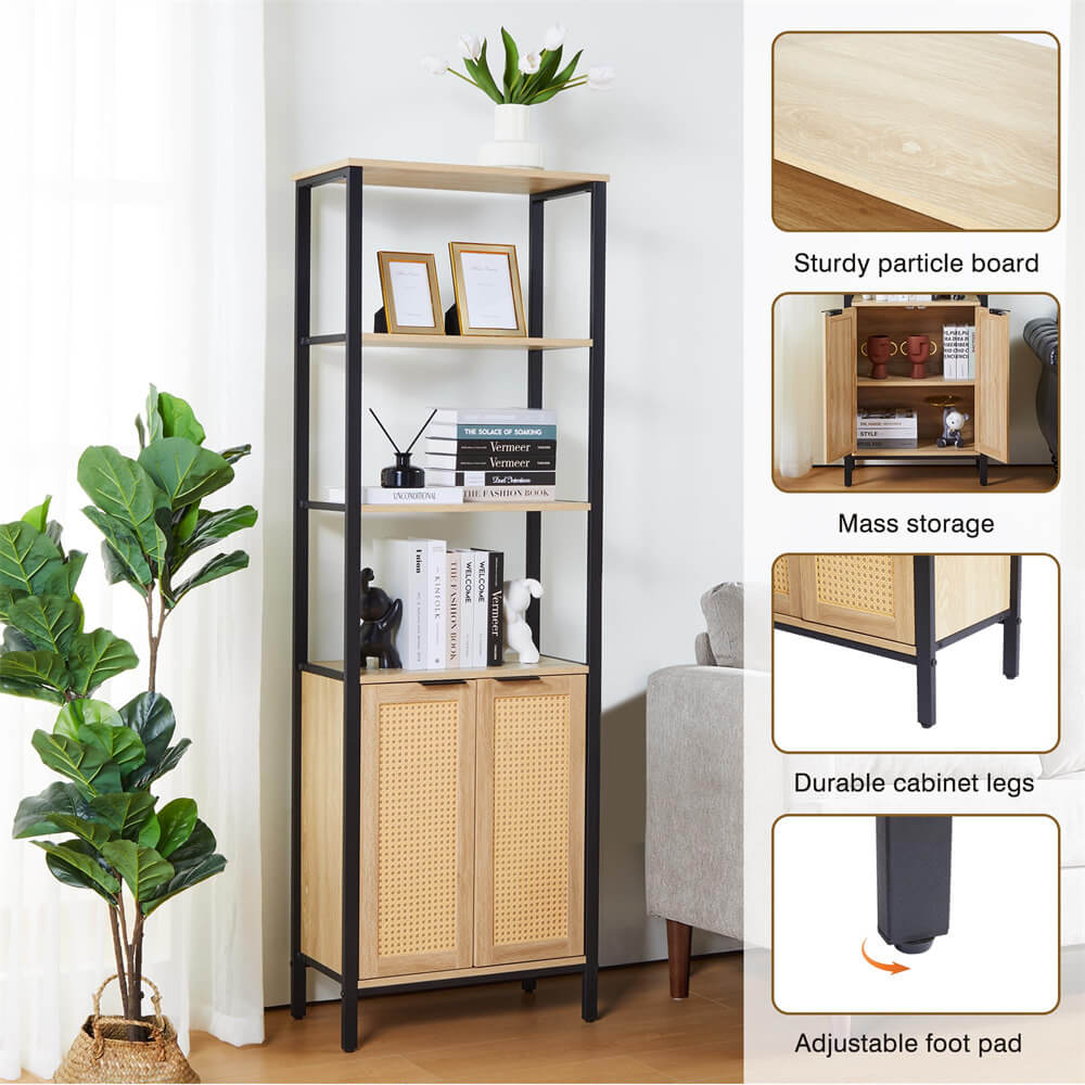 Rattan Bookshelf Tall Bookcase Storage Cabinet Natural with 3 Tier Open Shelves Shelf