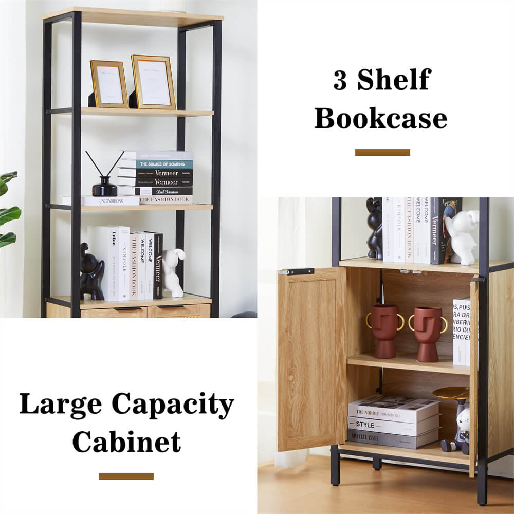 Rattan Bookshelf Tall Bookcase Storage Cabinet Natural with 3 Tier Open Shelves Shelf