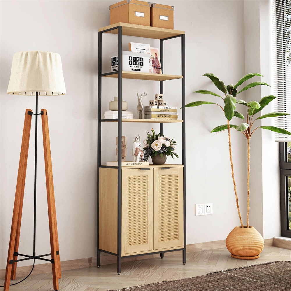 Rattan Bookshelf Tall Bookcase Storage with 3 Tier Open Shelve