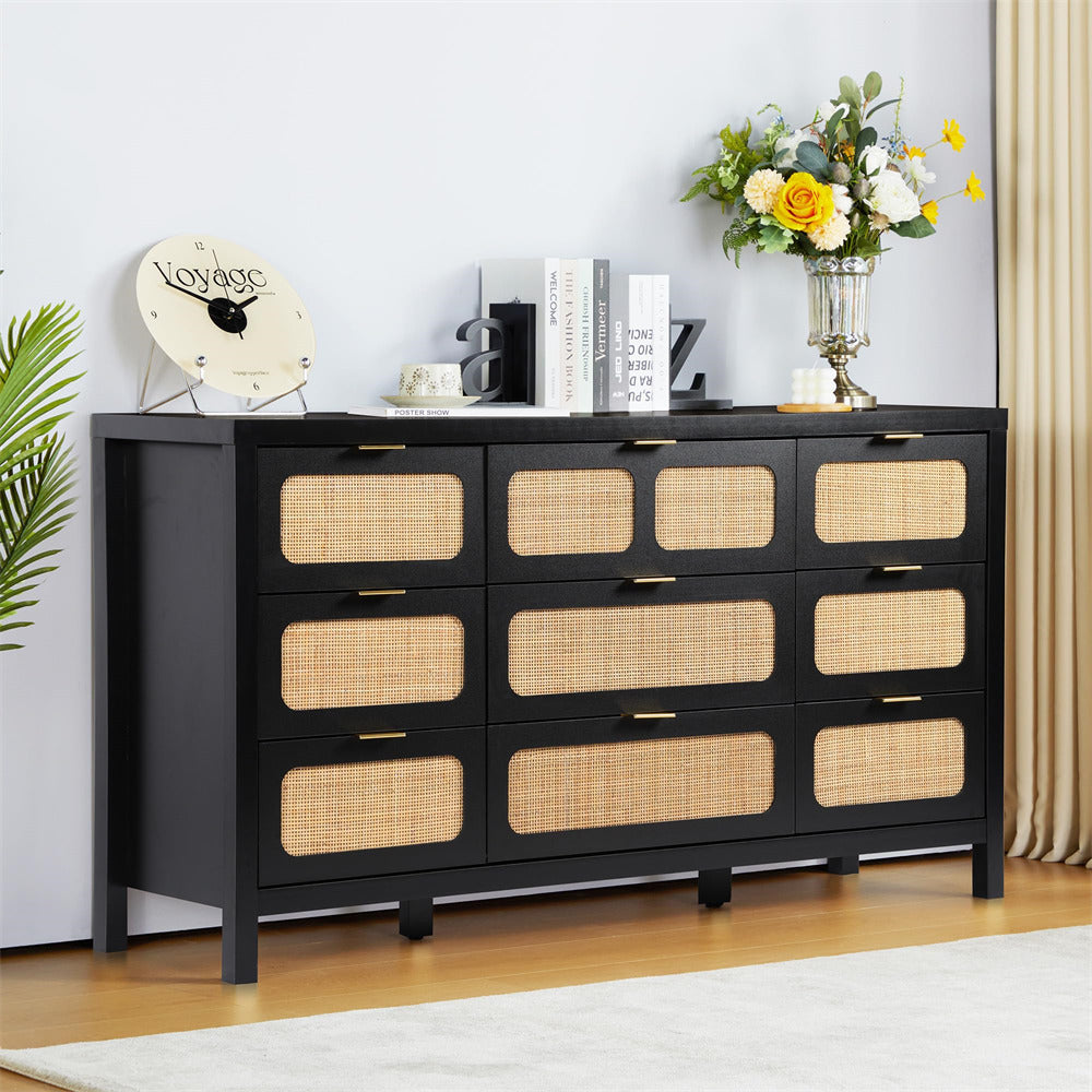 Rattan Dresser Large Long Wooden Storage Cabinet Black with 9 Drawers