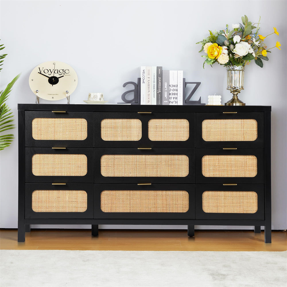 Rattan Dresser Large Long Wooden Storage Cabinet Black with 9 Drawers
