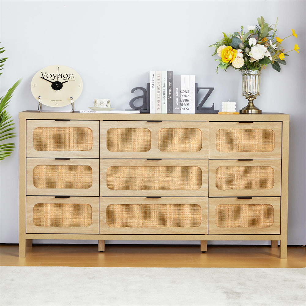 Rattan Dresser Large Long Wooden Storage Cabinet Natural with 9 Drawers