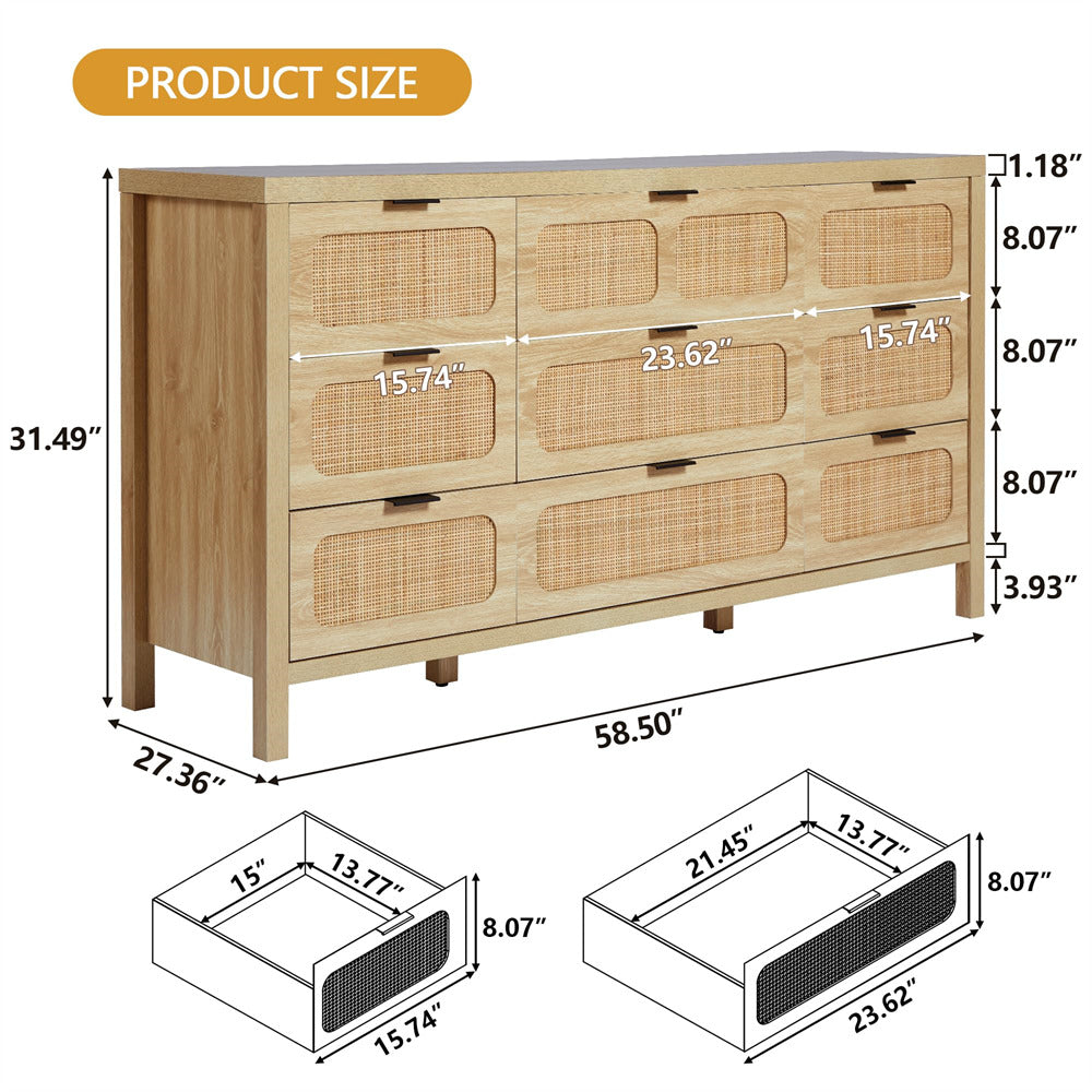 Rattan Dresser Large Long Wooden Storage Cabinet with 9 Drawers – GiraTree