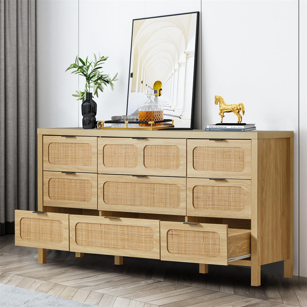 Rattan Dresser Large Long Wooden Storage Cabinet Natural with 9 Drawers