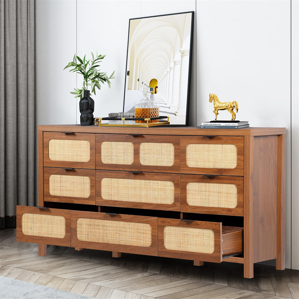Rattan Dresser Large Long Wooden Storage Cabinet Walnut with 9 Drawers