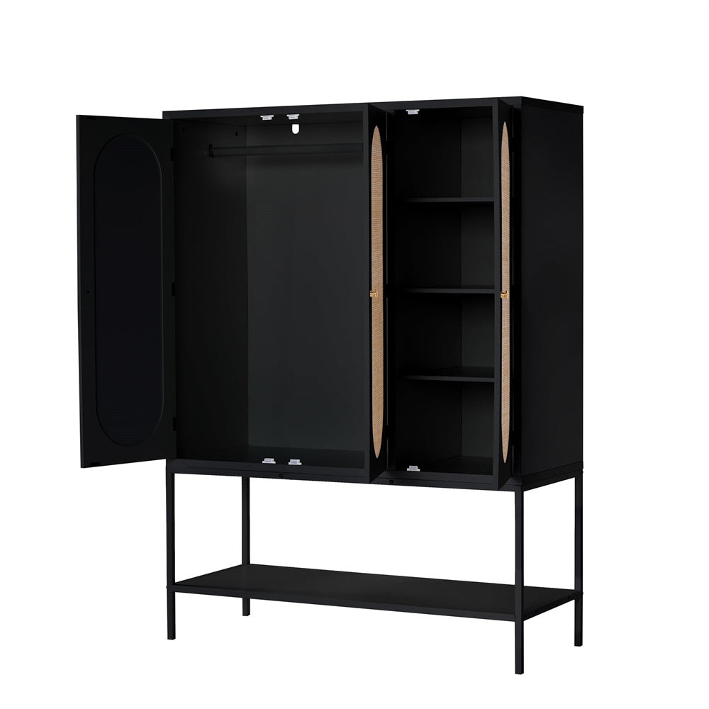 Rattan Freestanding Wardrobe Storage Cabinet Black with 3 Doors