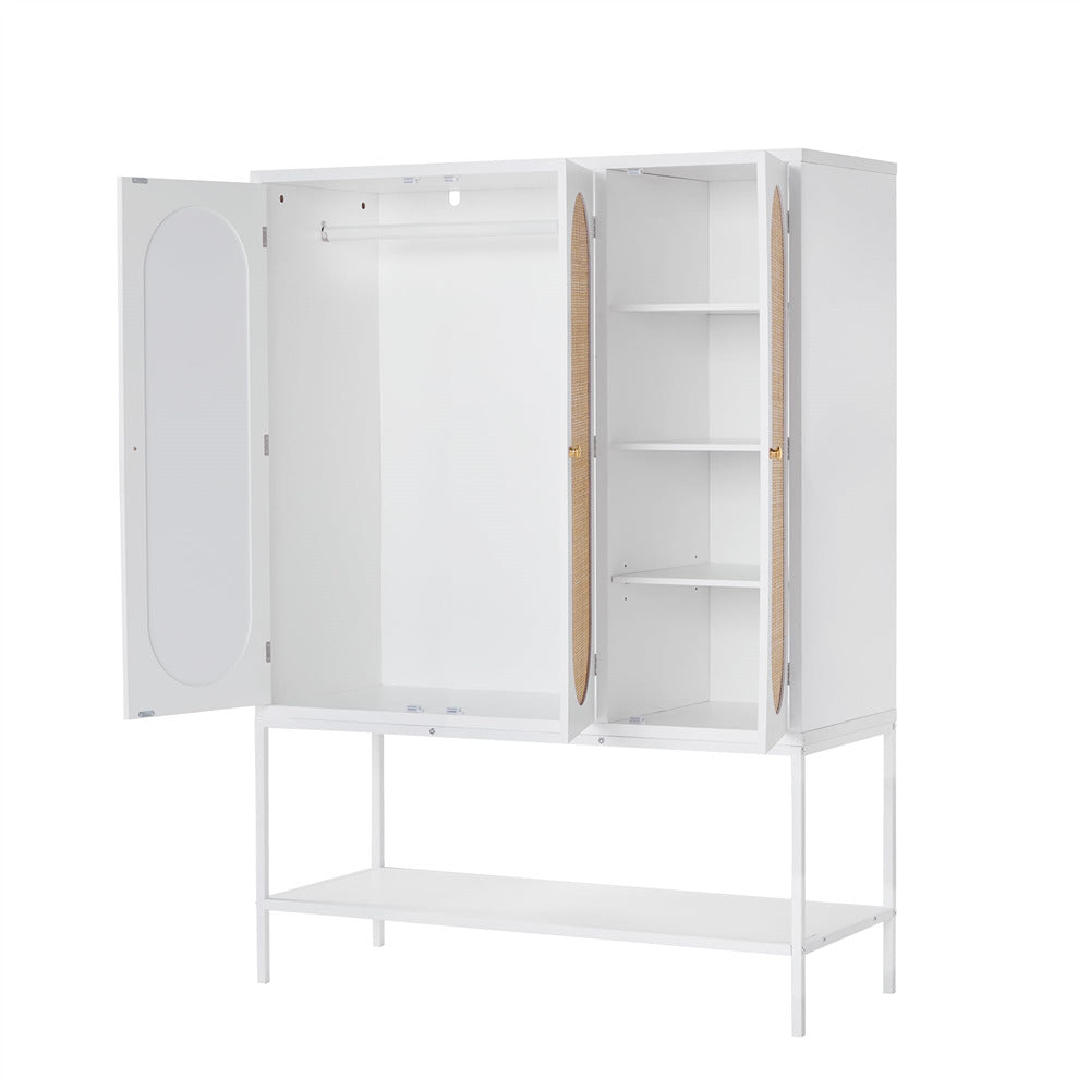 Rattan Freestanding Wardrobe Storage Cabinet White with 3 Doors