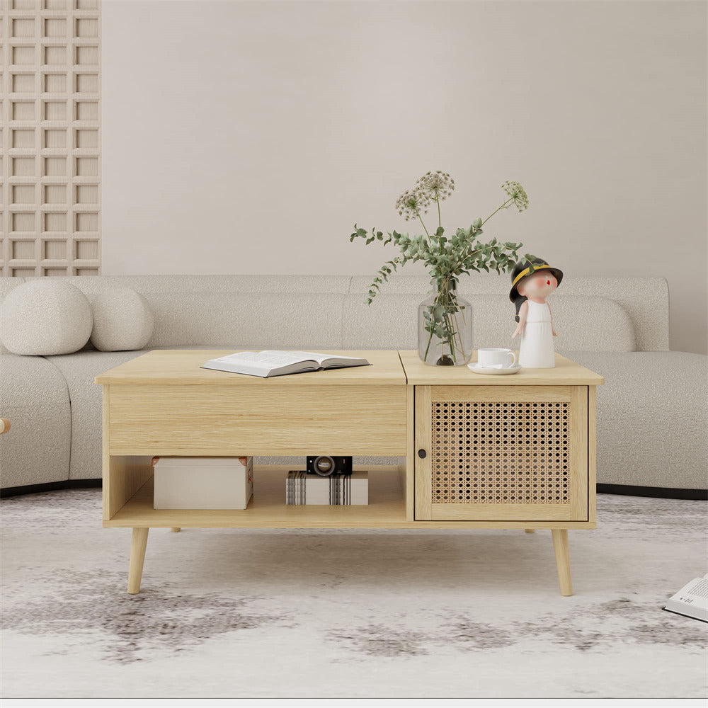 Rattan Lift Top Coffee Table Natural with Adjustable Storage Shelf and Storage