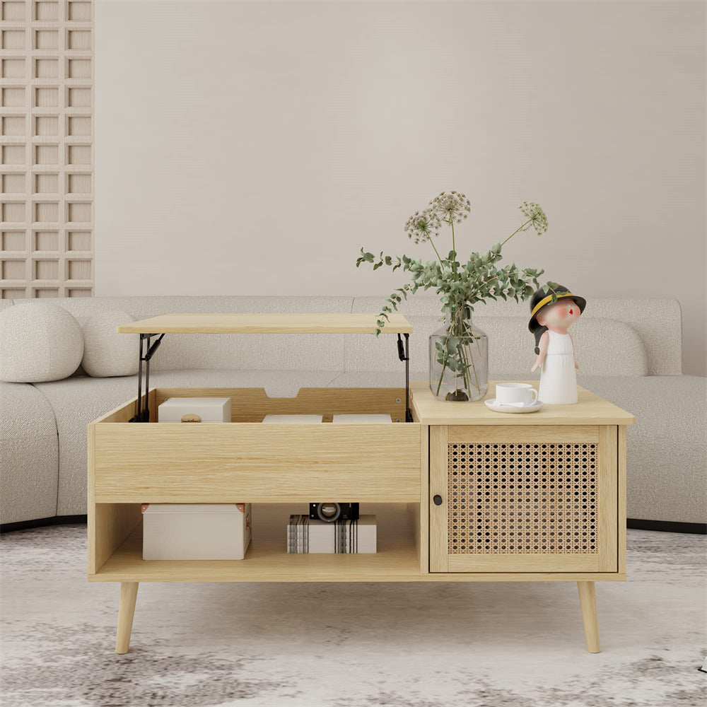 Rattan Lift Top Coffee Table Natural with Adjustable Storage Shelf and Storage