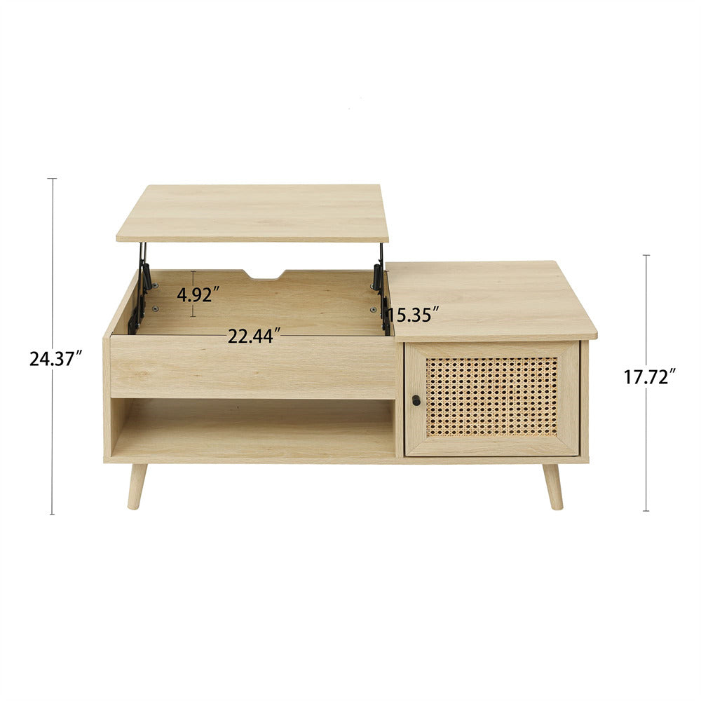 Rattan Lift Top Coffee Table Natural with Adjustable Storage Shelf and Storage Size