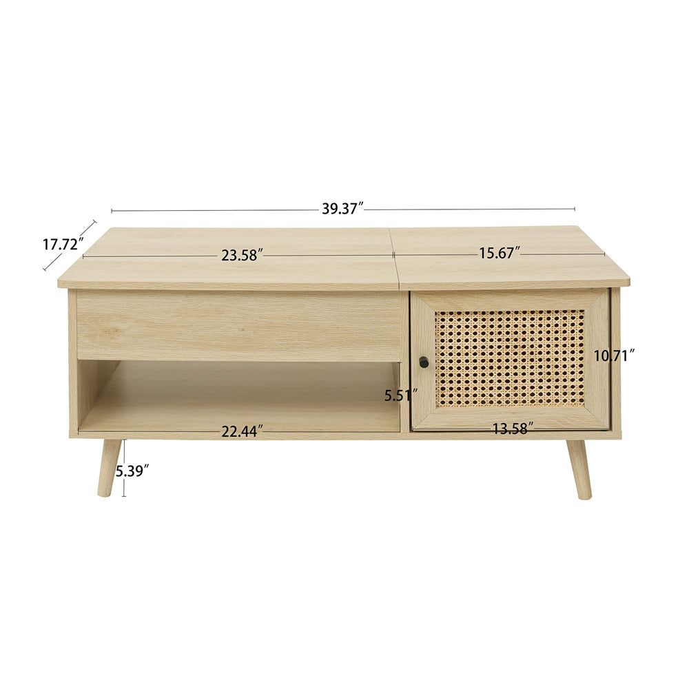 Rattan Lift Top Coffee Table Natural with Adjustable Storage Shelf and Storage Size