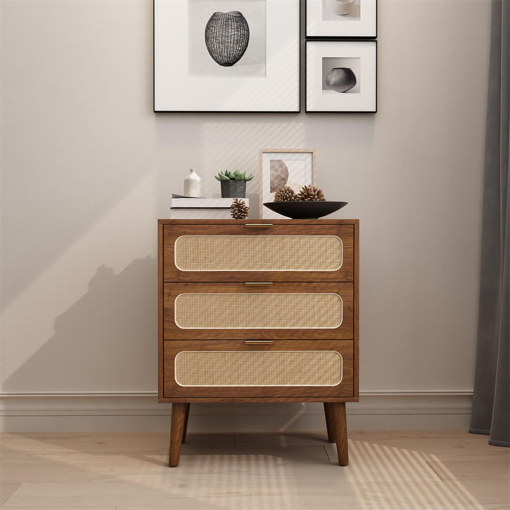 Rattan Nightstand Dresser Table Walnut with 3 Drawers