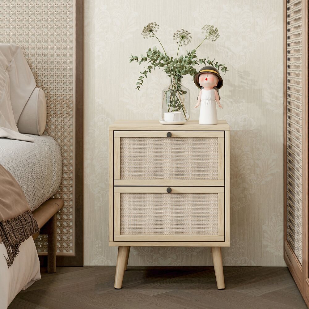 Rattan Nightstand Set of 2 with Drawers Natural 