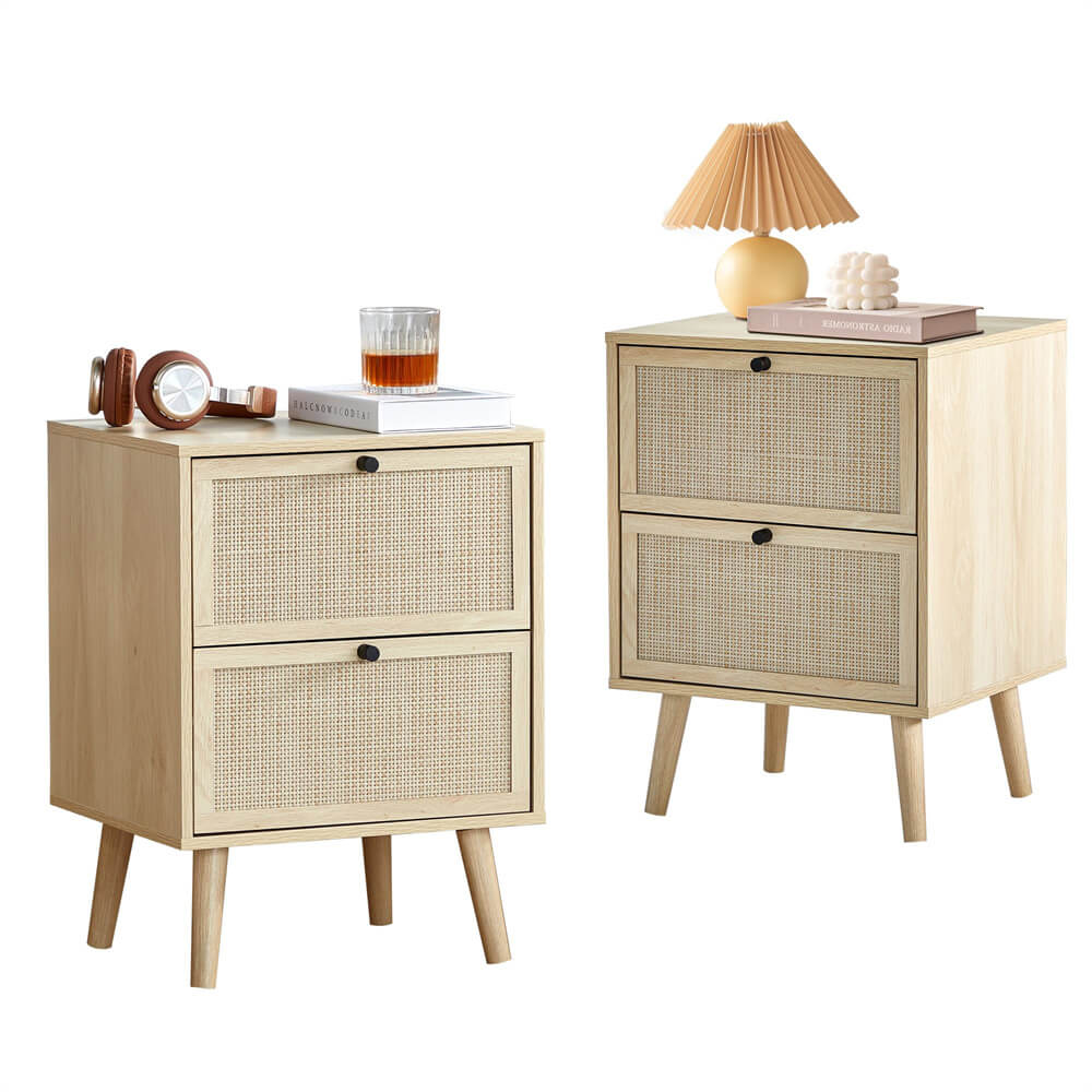 Rattan Nightstand Storage Side Table with 2 Drawers