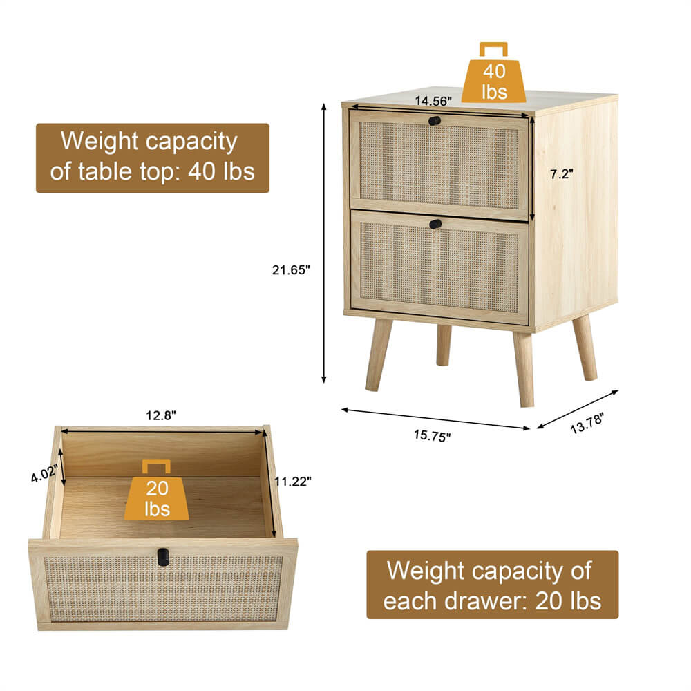 Rattan Nightstand Storage Side Table with 2 Drawers