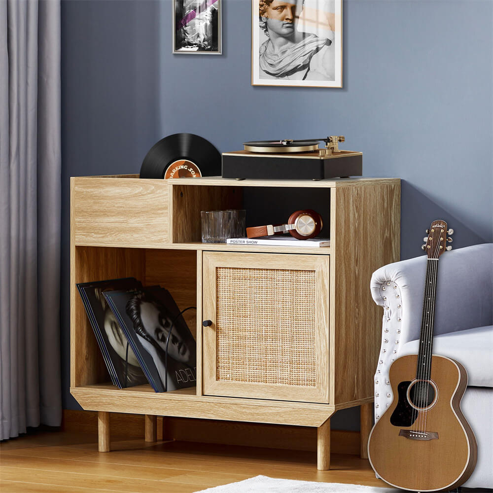 Rattan Record Player Stand Turntable Stand with Record Storage