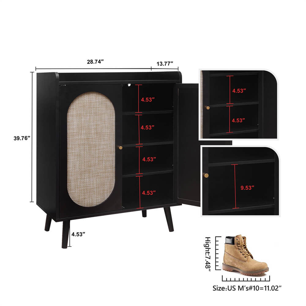 Rattan Shoe Cabinet 4-Tier Freestanding Shoe Rack With 2 Rattan Doors