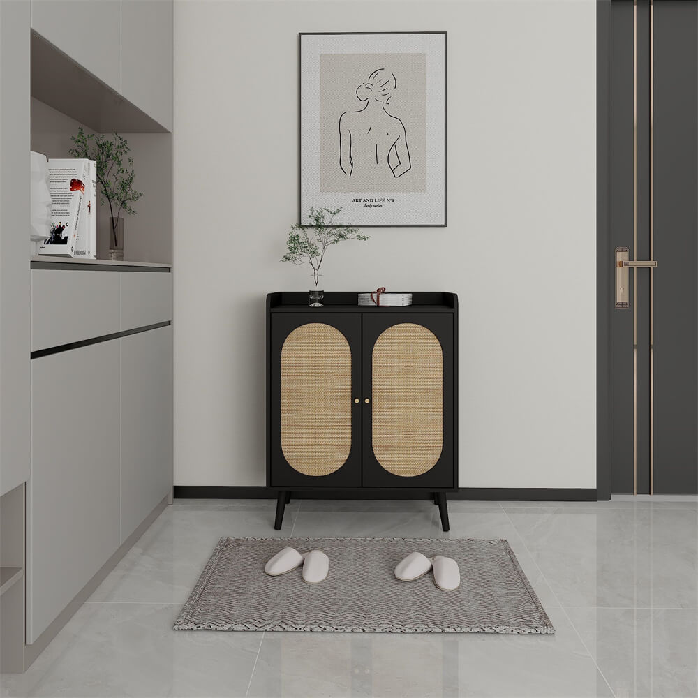 Rattan Shoe Cabinet 4-Tier Freestanding Shoe Rack With 2 Rattan Doors