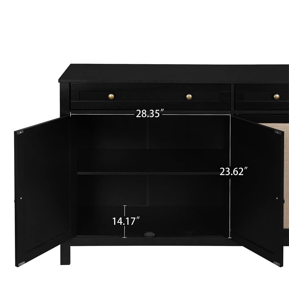 Rattan Sideboard Accent Cabinet Black with 4 Doors and 2 Drawers