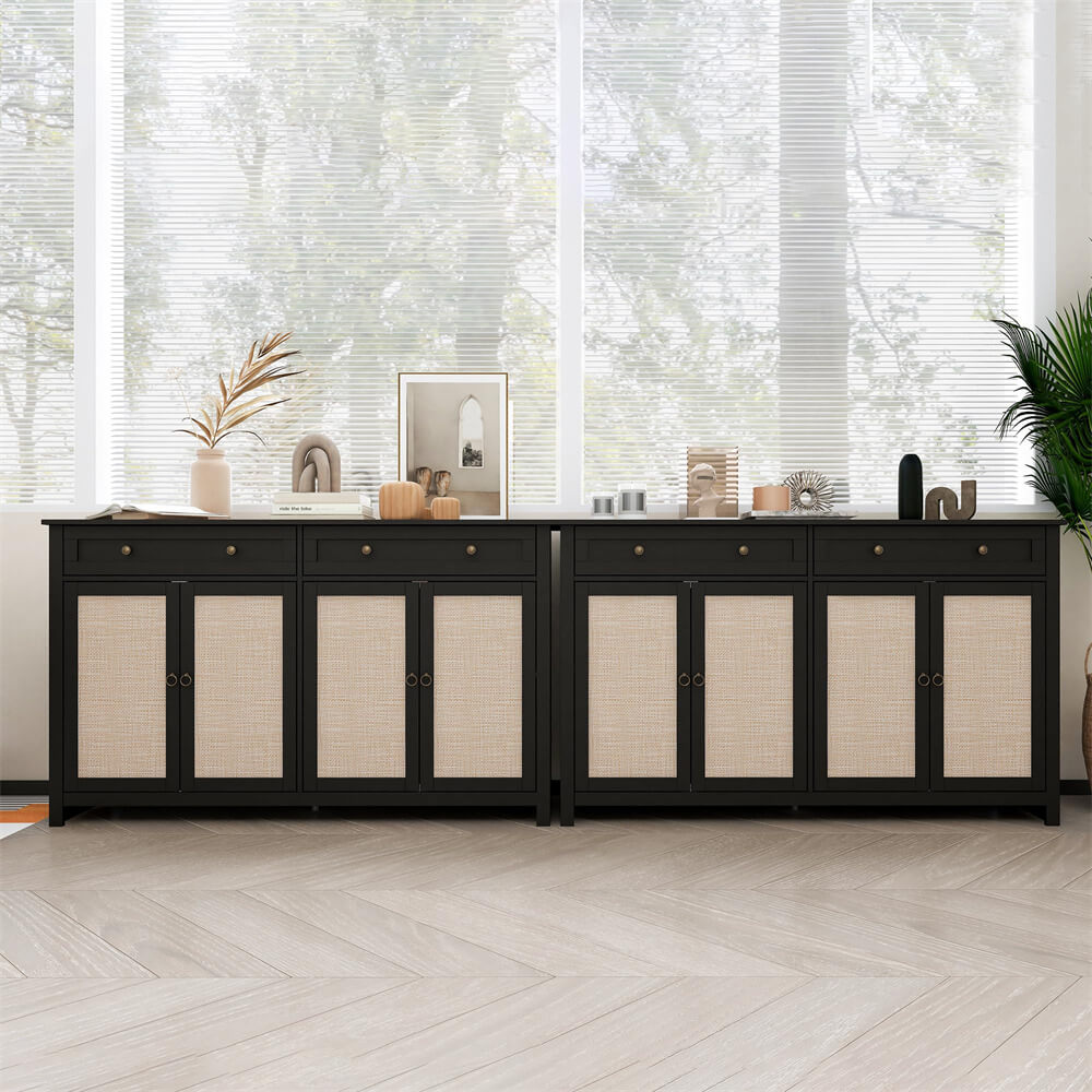Rattan Sideboard Accent Cabinet Black with 4 Doors and 2 Drawers