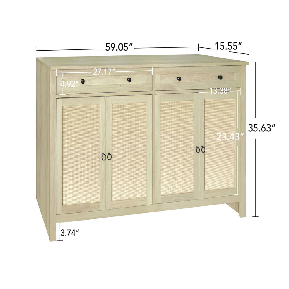 Rattan Sideboard Accent Cabinet Natural with 4 Doors and 2 Drawers Size