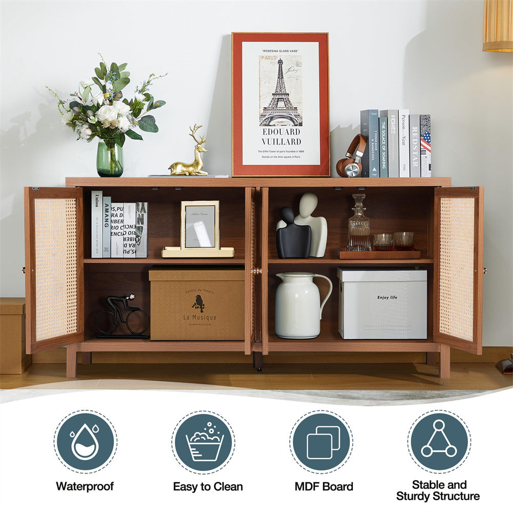 Rattan Storage Cabinet Sideboard Buffet Walnut with 4 Doors and Adjustable Shelves