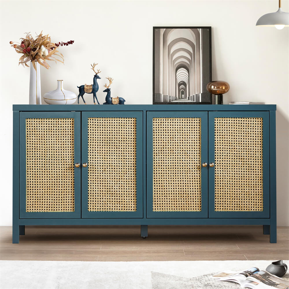 Rattan Storage Cabinet Sideboard Buffet Blue with 4 Doors and Adjustable Shelves