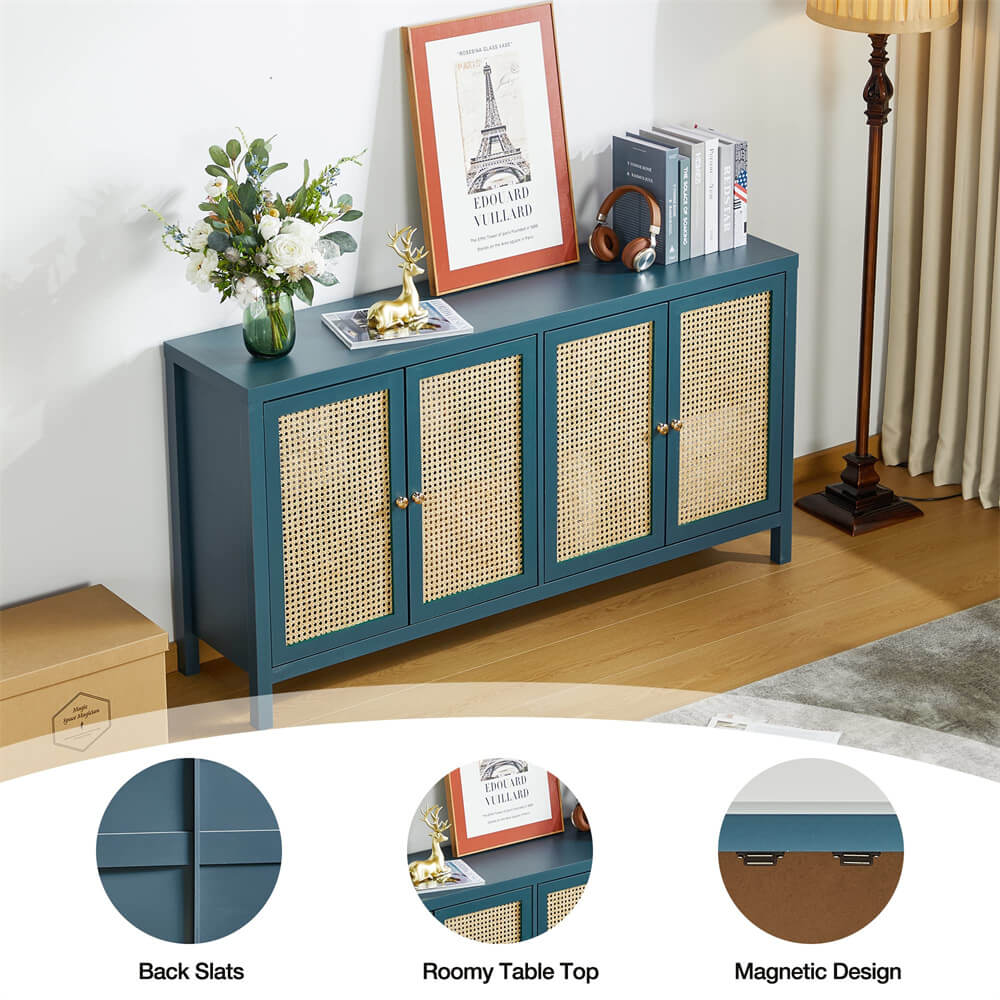 Rattan Storage Cabinet Sideboard Buffet Blue with 4 Doors and Adjustable Shelves