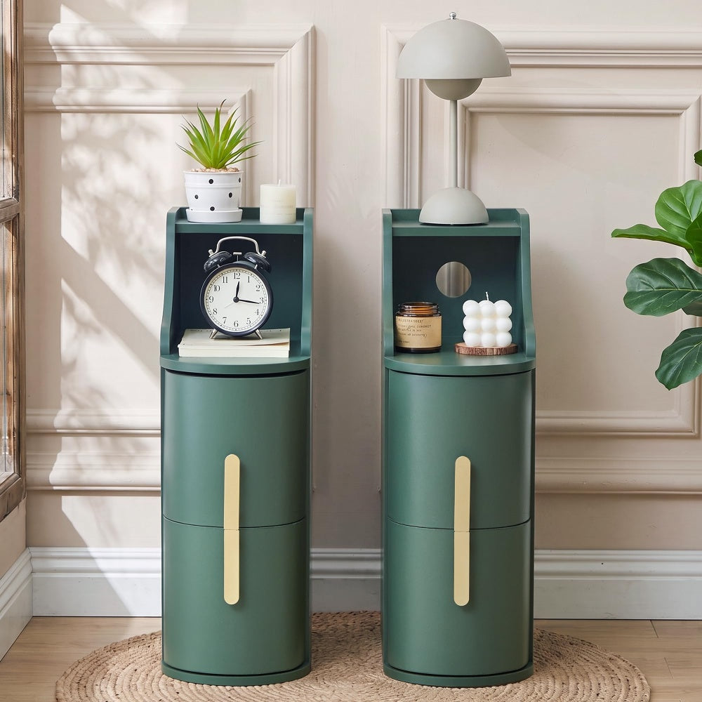 Set of 2 Green Mid Century Modern Wooden 2 Drawer Thin Cylinder End Table with Cable Management Hole
