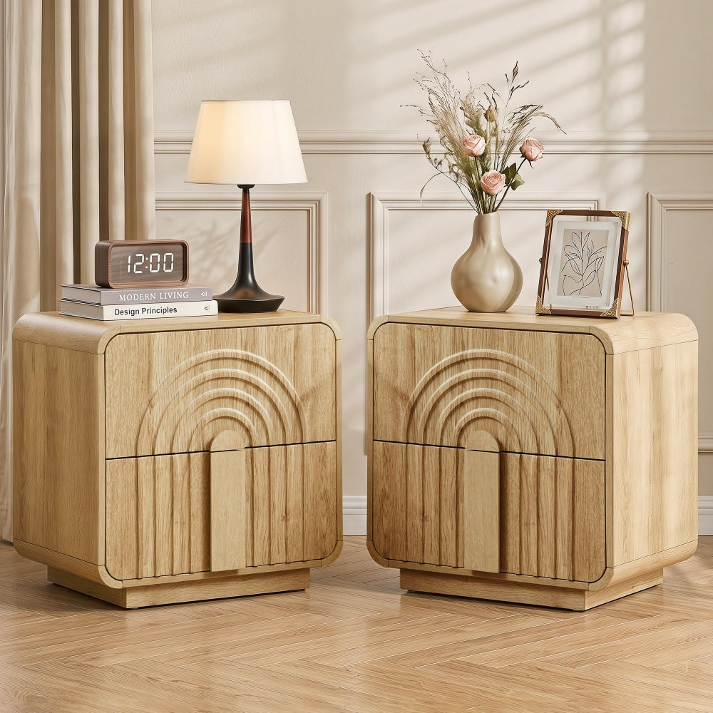 Set of 2 Natural Mid Century Modern Arched Fluted Design Nightstand with 2 Drawers