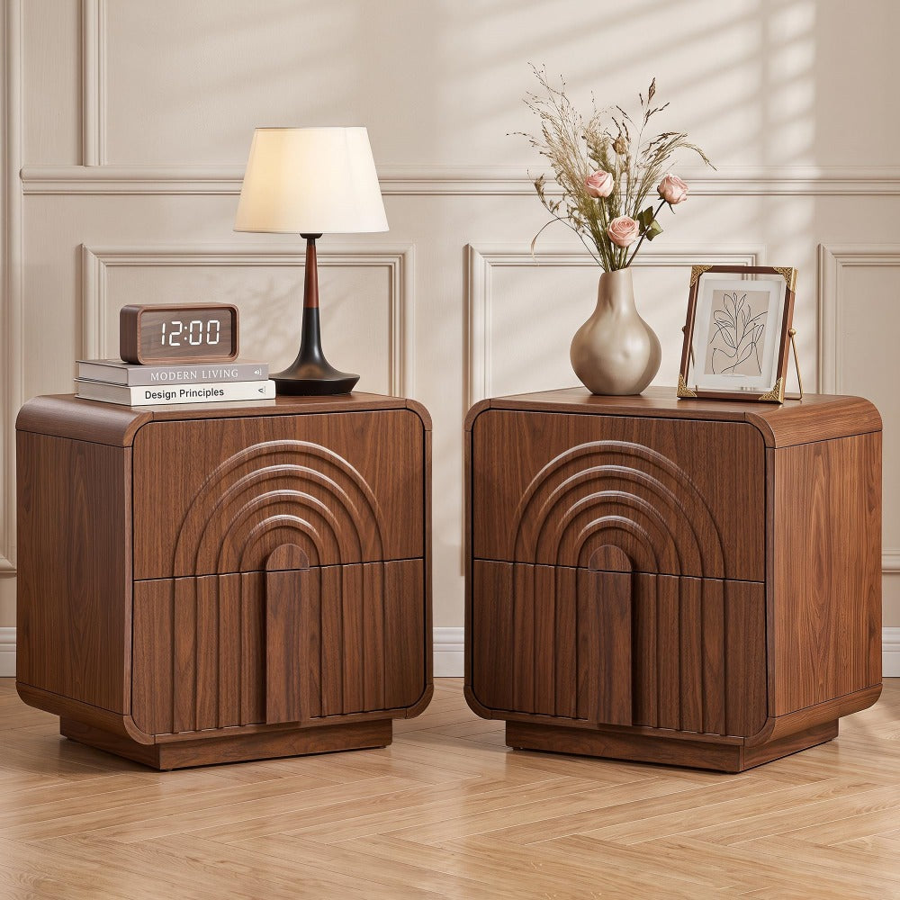 Set of 2 Walnut Mid Century Modern Arched Fluted Design Nightstand with 2 Drawers